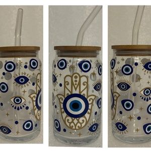 Evil Eye Glass Libby Cup w/ Lid and Glass Straw- 16oz